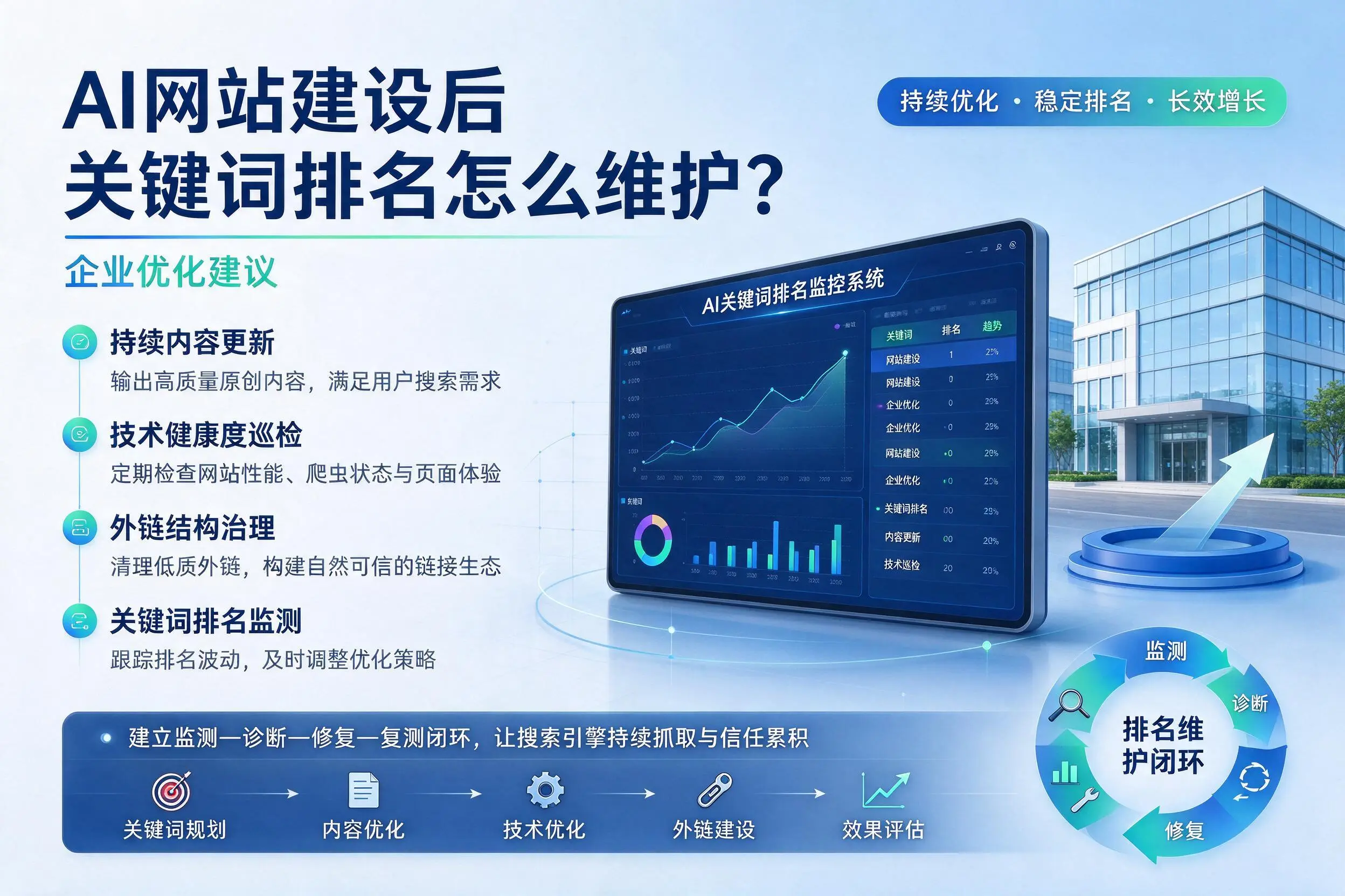 AI网站建设后关键词排名怎么维护？抚顺企业优化建议