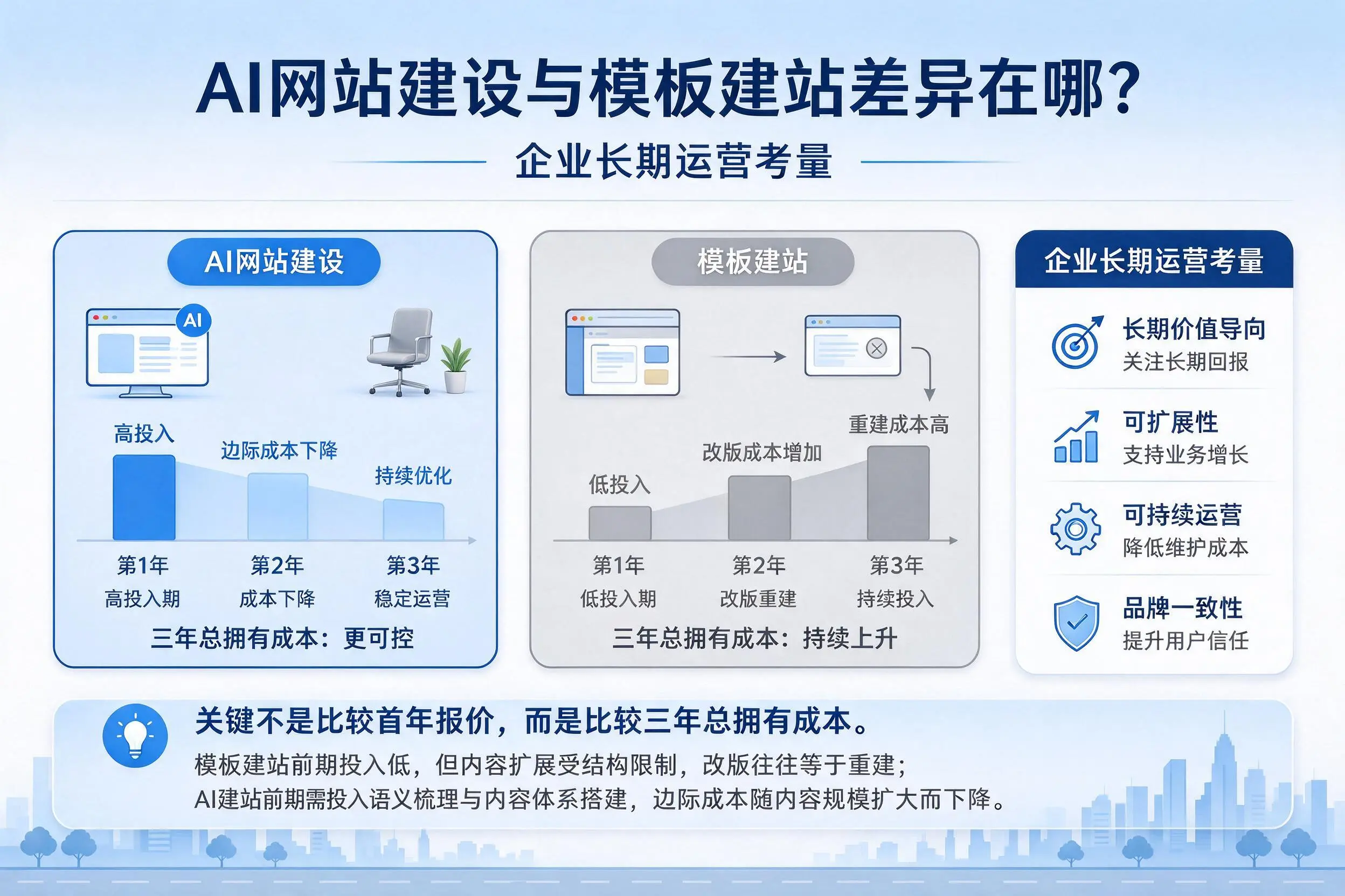 AI网站建设与模板建站差异在哪?抚顺企业长期运营考量